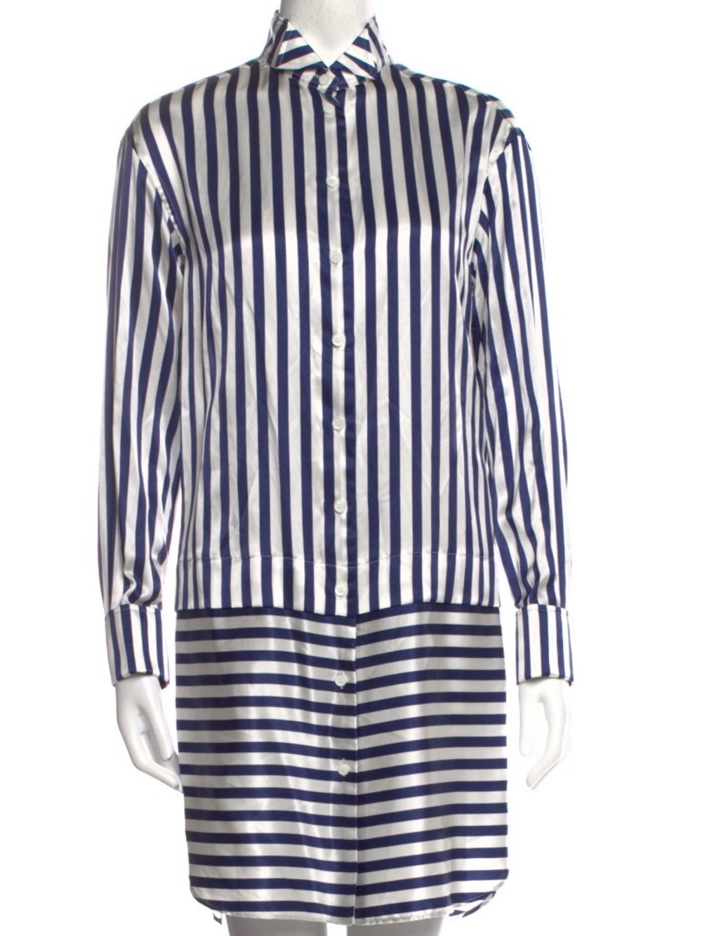 Burberry Navy and White Striped Silk Blouse Dress